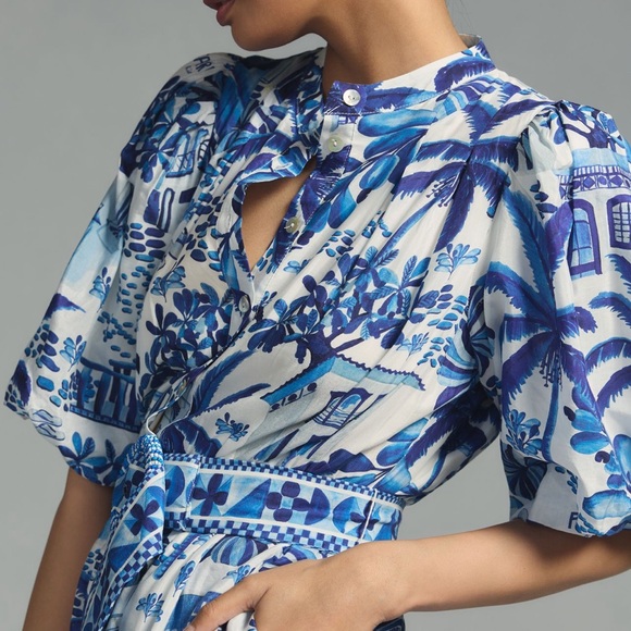 Farm Rio Off-white/Blue Floral Print Women's Mini Dress - Picture 3 of 12